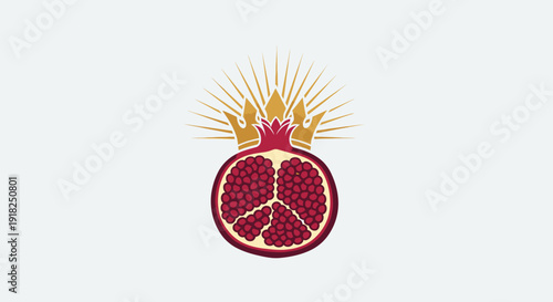 Halved Pomegranate with Seeds and Golden Crown on Light Studio Background, Royal Exotic Fruit