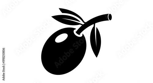 Single Black Olive with Green Leaves on Branch Isolated White Background, Natural Healthy Food