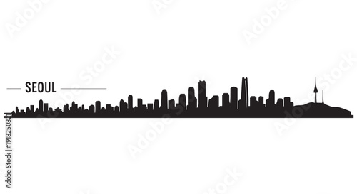 Black silhouette of Seoul city skyline with N Seoul Tower at sunset, South Korea urban landscape