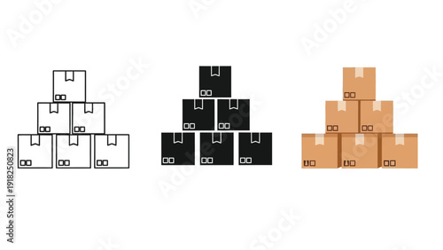 Set of three icons representing stacked cardboard shipping boxes in outline, solid black and color variations for logistics and delivery concepts