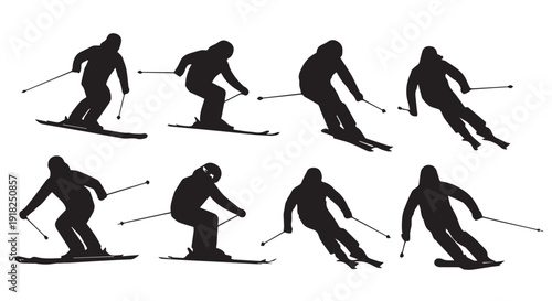 Collection of eight different black silhouettes of skiers in various skiing positions and movements on snow.