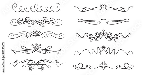 Hand drawn Calligraphy dividers and separators flourish elements. Decorative traditional swirls in art nouveau vintage style for girt cards wedding invitation and templates.