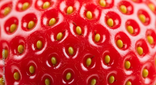 A macro shot of a vibrant red strawberry with its tiny yellow seeds, revealing its textures and details