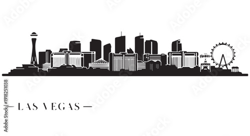 Black and white silhouette cityscape of Las Vegas skyline with Ferris wheel and Stratosphere Tower, Nevada, USA