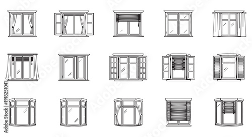 Detailed black and white illustrations of various window styles and designs, including shutters and blinds.