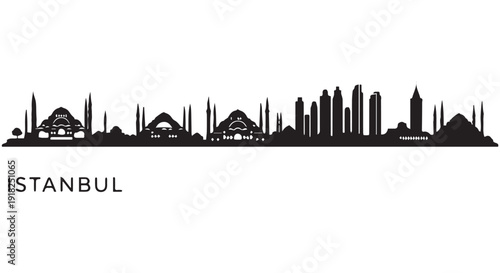 Silhouetted Istanbul city skyline with historic mosques and modern skyscrapers against a Transparent Background, panoramic view.