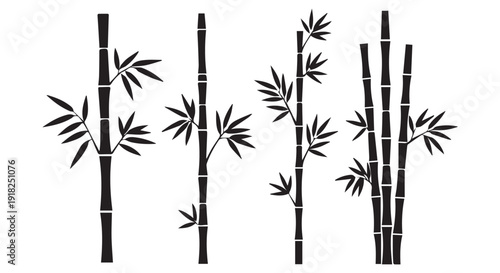 Black bamboo stalks and leaves on Transparent Background, simple Asian inspired illustration for design and decoration