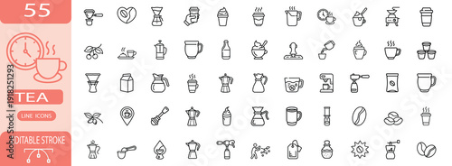Tea and coffee outline icon set with espresso machine, teapot, coffee cup, mug, bean, grinder, milk jug and cafe symbol, beverage equipment and more vector illustration with editable stroke.