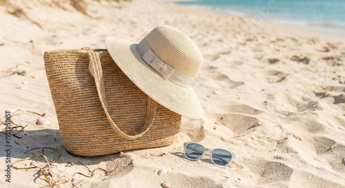 Summer beach bag, hat and sunglasses on the sand on the beach. Beautiful women's summer hat, sunglasses and bag by the sea. Concept of vacation, summer and relaxation at the resort