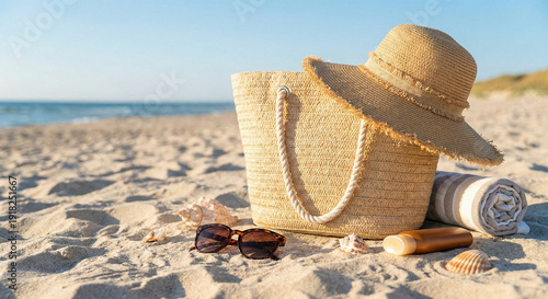 Summer beach bag, hat and sunglasses on the sand on the beach. Beautiful women's summer hat, sunglasses and bag by the sea. Concept of vacation, summer and relaxation at the resort