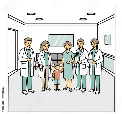 Conjunto de ilustrações em flat design de equipe médica, atendimento ao paciente e vacinação em ambiente hospitalar.