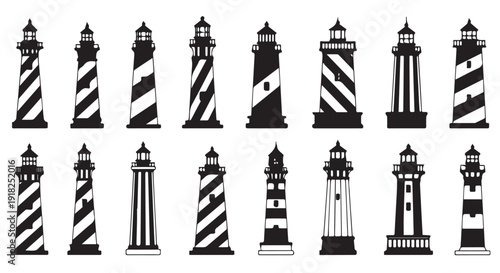 Collection of various lighthouse silhouettes in black and white, showcasing different architectural styles and designs.