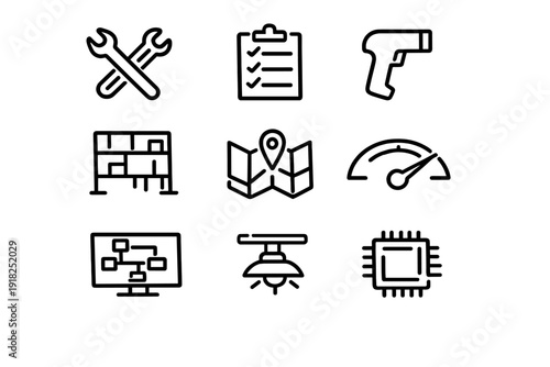 Industrial and logistics line icons featuring tools checklist scanner warehouse shelf map gauge monitor lamp and microchip on white