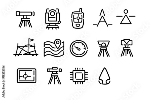 Geodetic surveying equipment icons set including theodolite total station tripod map pin and electronic measurement tools for land