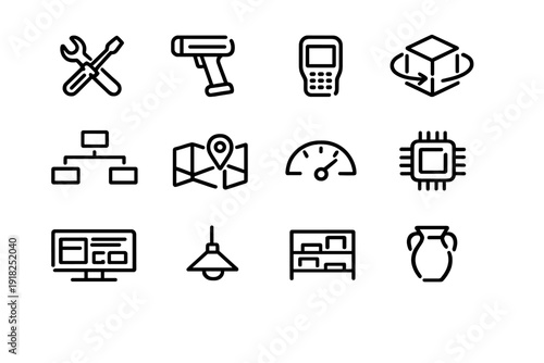 Black line icons for logistics warehouse technology and industrial management tools set on white background