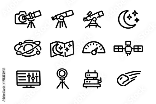 Astronomy and space observation line icons featuring telescope satellite moon stars comet and scientific equipment for stargazing