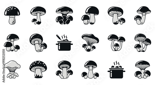Black and white illustrations of various mushroom types and cooking pot with mushrooms, for food and fungi related designs