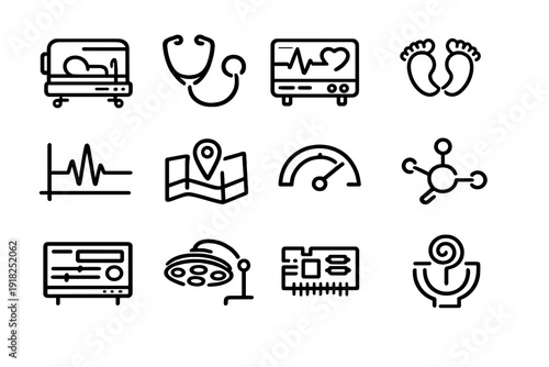 Medical and neonatal care line icons featuring incubator stethoscope heart monitor baby footprints and surgical equipment on white