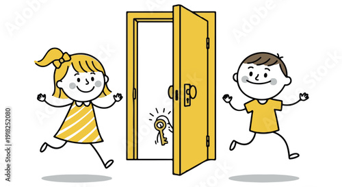 Two children running towards an unlocked yellow door with a key, symbolizing freedom and opportunity for kids.