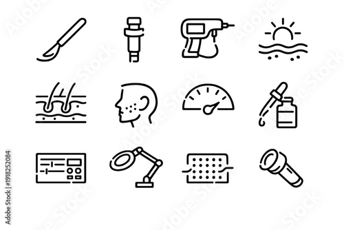 Dermatology and skin care medical procedure icons set featuring laser treatment tools hair follicles and acne care equipment