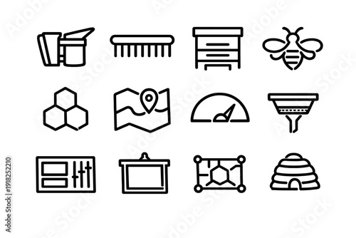 Beekeeping and honey production line icon set featuring bee smoker hive honeycomb and apiary equipment on white background