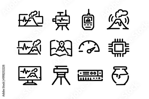 Volcanology and seismology line icon set featuring volcano monitoring equipment seismic activity sensors and geological research tools