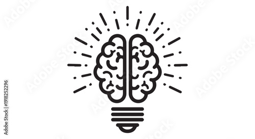A black line art illustration of a brain inside a lightbulb with rays of light, symbolizing ideas and innovation in business and education.