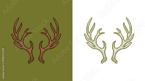Heraldic deer antlers for coat of arms design and shield. Hand drawn engraving in old traditional medieval style, modern made element for family symbols and templates