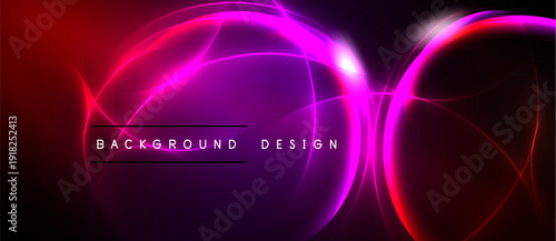 Abstract neon lights create vibrant circular patterns. Dark background emphasizes glowing magenta, pink, red hues. Text reads background design.