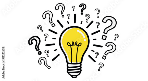 A creative concept illustration of a lightbulb with question marks symbolizing ideas and problem solving.