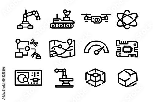 Set of technology and robotics icons featuring robotic arms drones rovers and electronic components for engineering and science projects