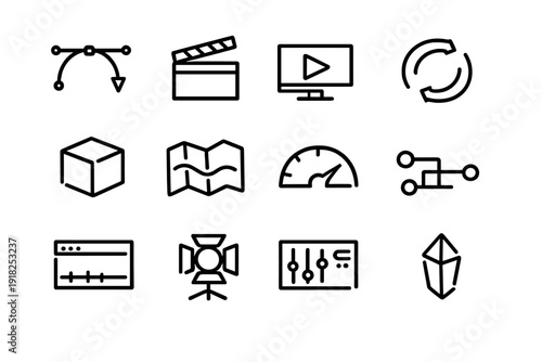 Set of multimedia and creative design line icons including video editing tools and graphic design elements on white background