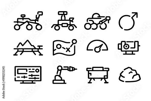 Mars rover and space exploration mission icons set including robotic arm lander and planetary research equipment