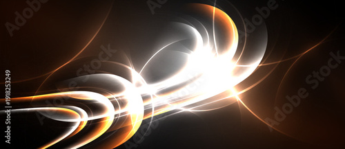 Bright energy flows, swirling patterns. Orange, white light contrasts dark background. Abstract design evokes motion, power.