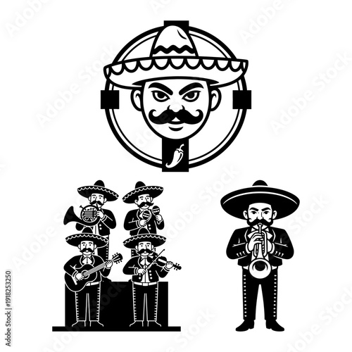 Cinco de Mayo mariachi quartet and sombrero face logo icons