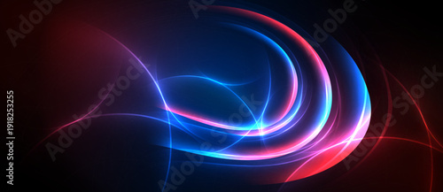Abstract light curves radiate from darkness. Blue, red hues blend, creating dynamic energy flow. Smooth shapes suggest movement, depth.