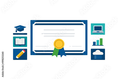 Certificate of completion with education and technology icons representing online learning and academic achievement