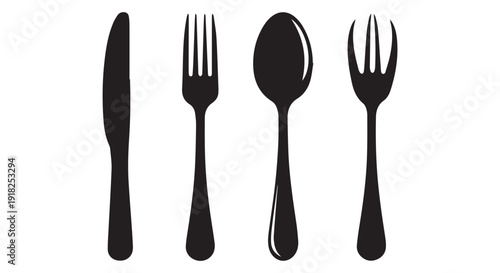 Black silhouettes of a knife, fork, spoon, and serving fork on a Transparent Background, ideal for restaurant or dining concepts.
