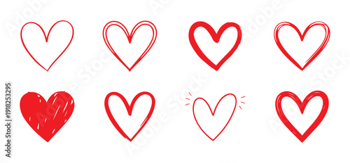 Big set of hearts different styles, collection of hand drawn doodle red heart shapes