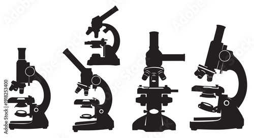Collection of black silhouettes of microscopes on Transparent Background, representing scientific research and laboratory equipment.