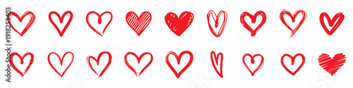 Red hand drawn hearts set. Brush and pencil sketch texture with scribble lines. Romantic doodle elements for cards, posters, creative layouts.