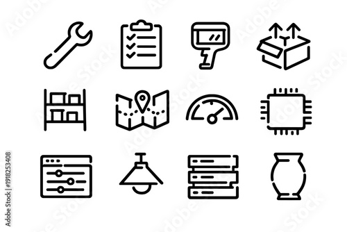Set of industrial and logistics line icons including tools shipping and technology symbols for business management and warehouse operations