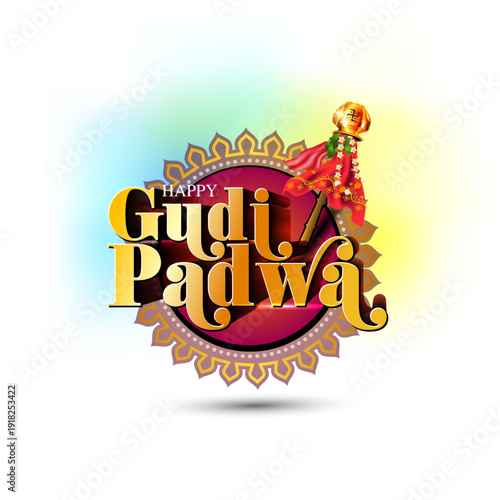 Logo design for Gudi Padwa or ugadi new year spring festival of india maharashtra. Traditional marathi konkani hindu fest background.