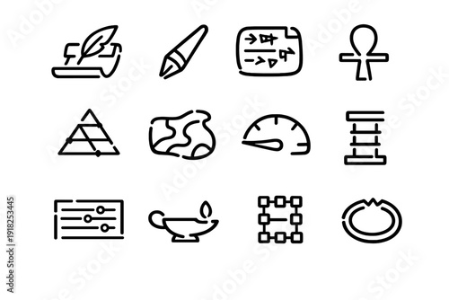 Collection of hand drawn black line icons featuring ancient symbols and modern interface elements on white background