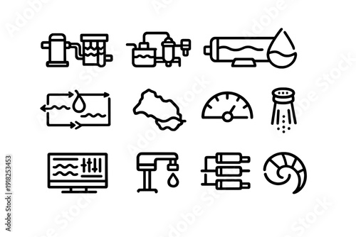 Water desalination and purification process icons including filtration systems salt shaker and marine life symbols on white background