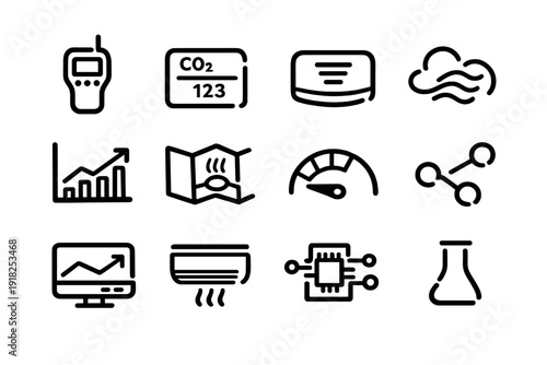 Air quality monitoring and environmental data analysis icons set including CO2 sensor, laboratory flask, and microchip symbols
