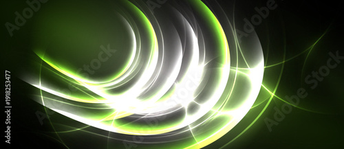 Abstract design features flowing curves, vibrant green hues, bright white light. Dynamic composition creates energy, visual impact.