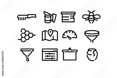 Beekeeping and honey production line icon set featuring bee smoker honeycomb beehive and honey jar symbols for apiary management