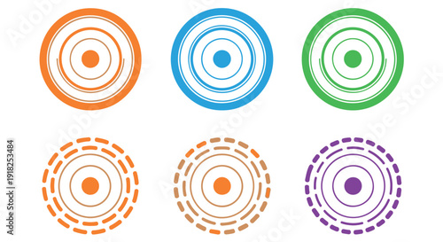 Set of colorful circular icons with concentric rings and dashed lines on Transparent Background, representing design elements.