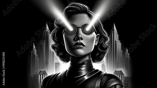 Black and white portrait of short-haired woman with glowing black glasses